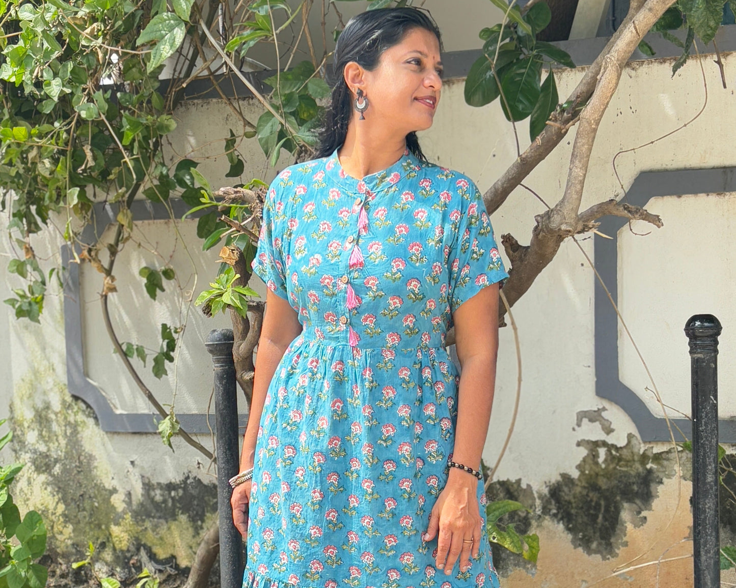 Blue Cotton Dress with Pink Block Print