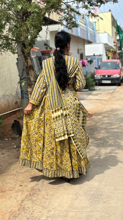 Mustard Yellow Cotton Hand-Printed Lehenga Set