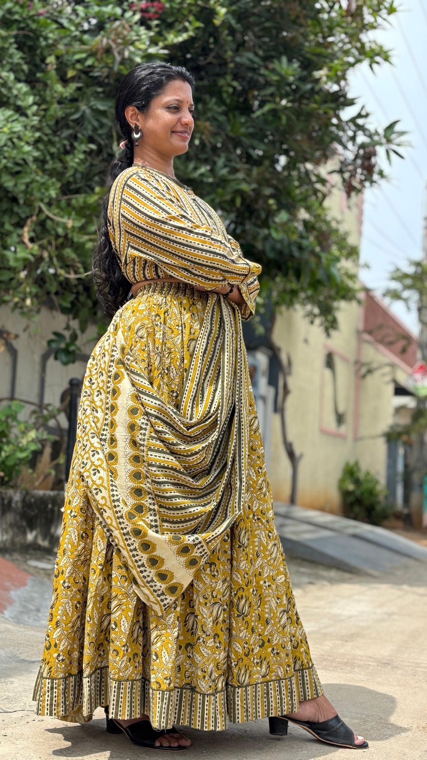Mustard Yellow Cotton Hand-Printed Lehenga Set