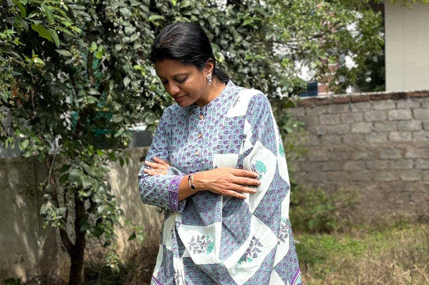 Soft Grey and Lilac Hand Block Printed Cotton Lehenga Set
