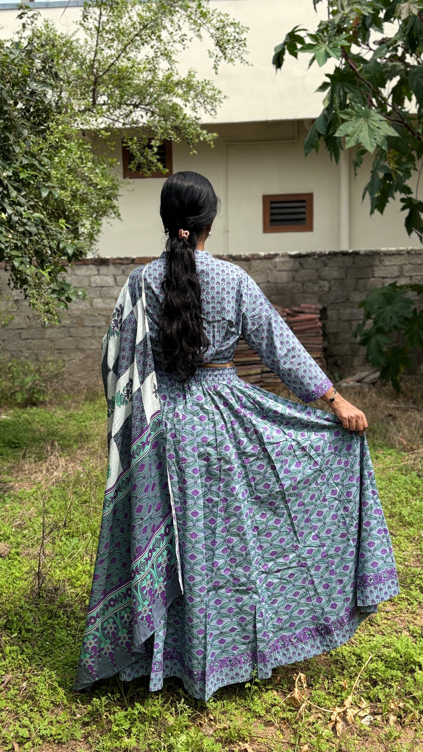 Soft Grey and Lilac Hand Block Printed Cotton Lehenga Set