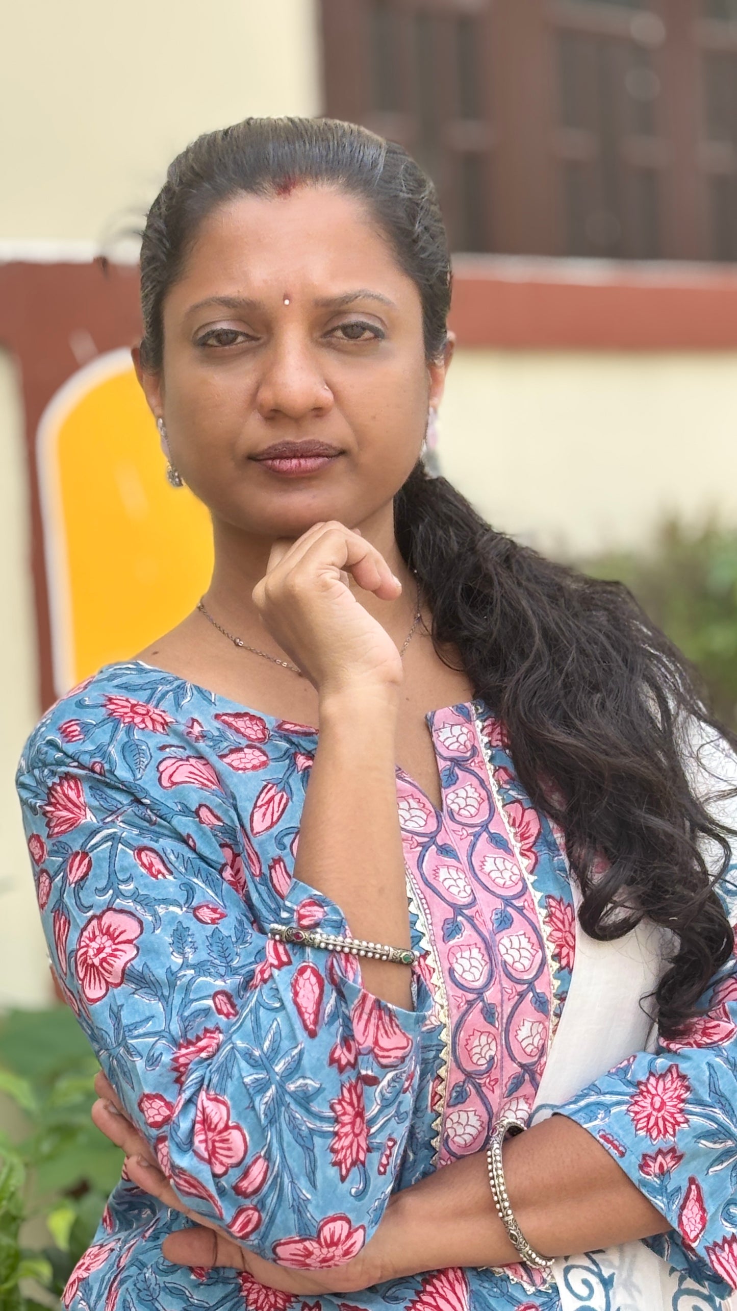 Cool Grey and Peach Printed Cotton Dress