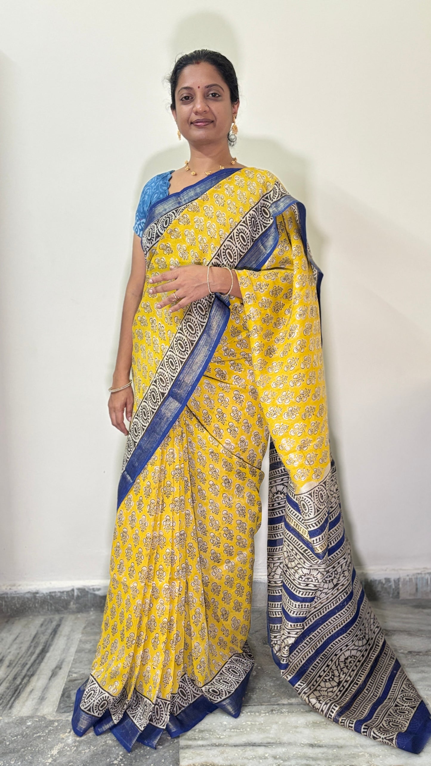 Yellow Block Print Silk Cotton Saree with Navy Border