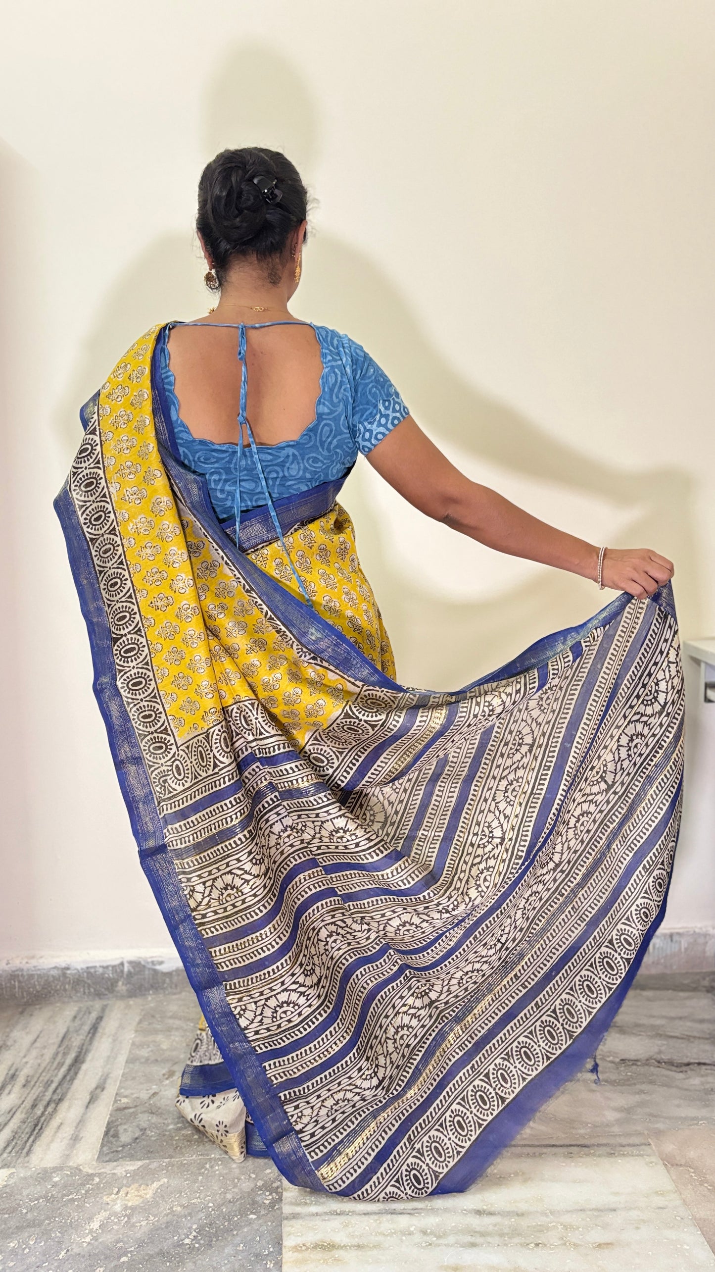 Yellow Block Print Silk Cotton Saree with Navy Border