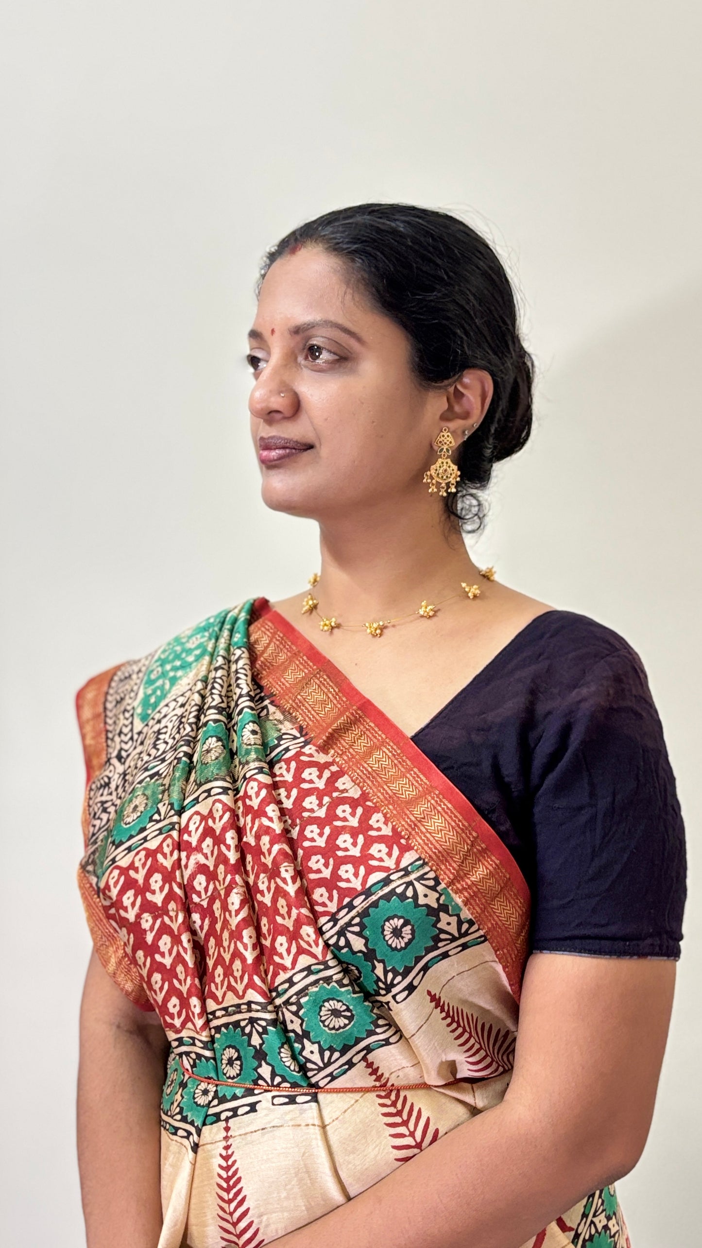 Red and Green Printed Silk Cotton Saree