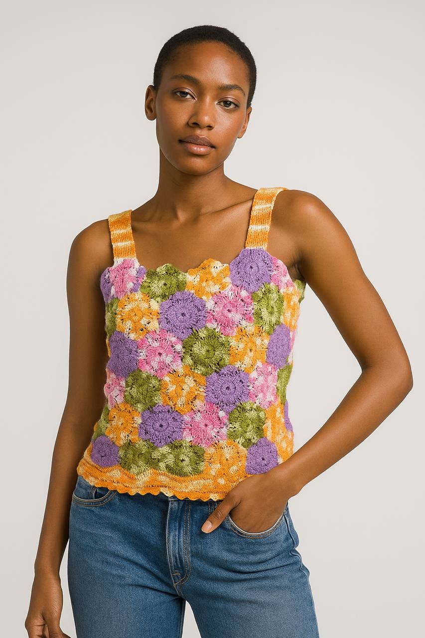 Multicolor Floral Crochet Cotton Tank Top