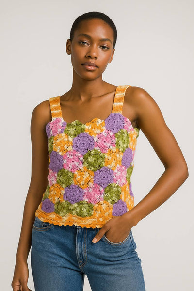 Multicolor Floral Crochet Cotton Tank Top