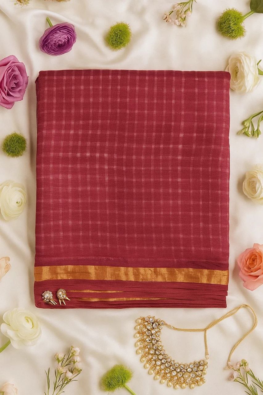 Red Checkered Zari Kota Cotton Saree