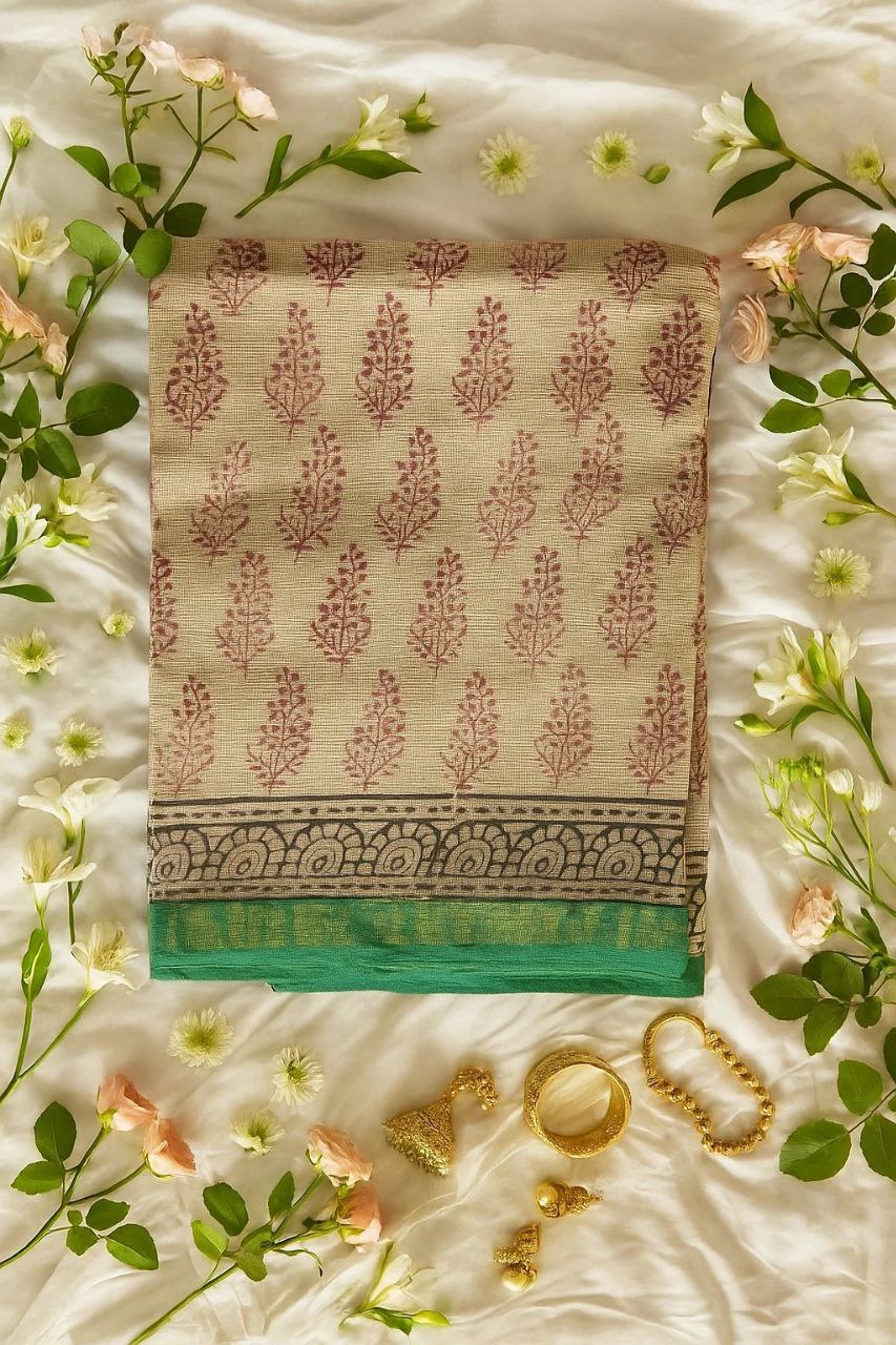 Beige & Green Zari Kota Cotton Saree