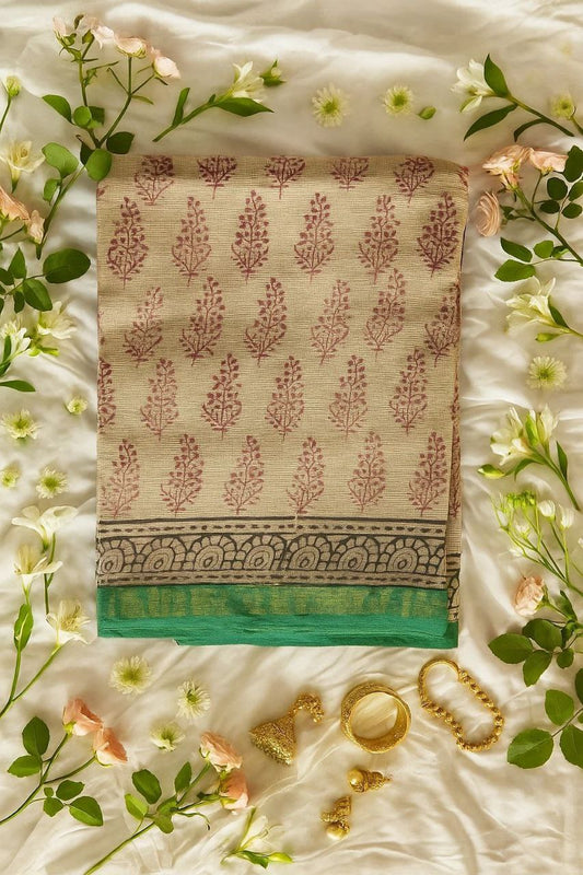Beige & Green Zari Kota Cotton Saree