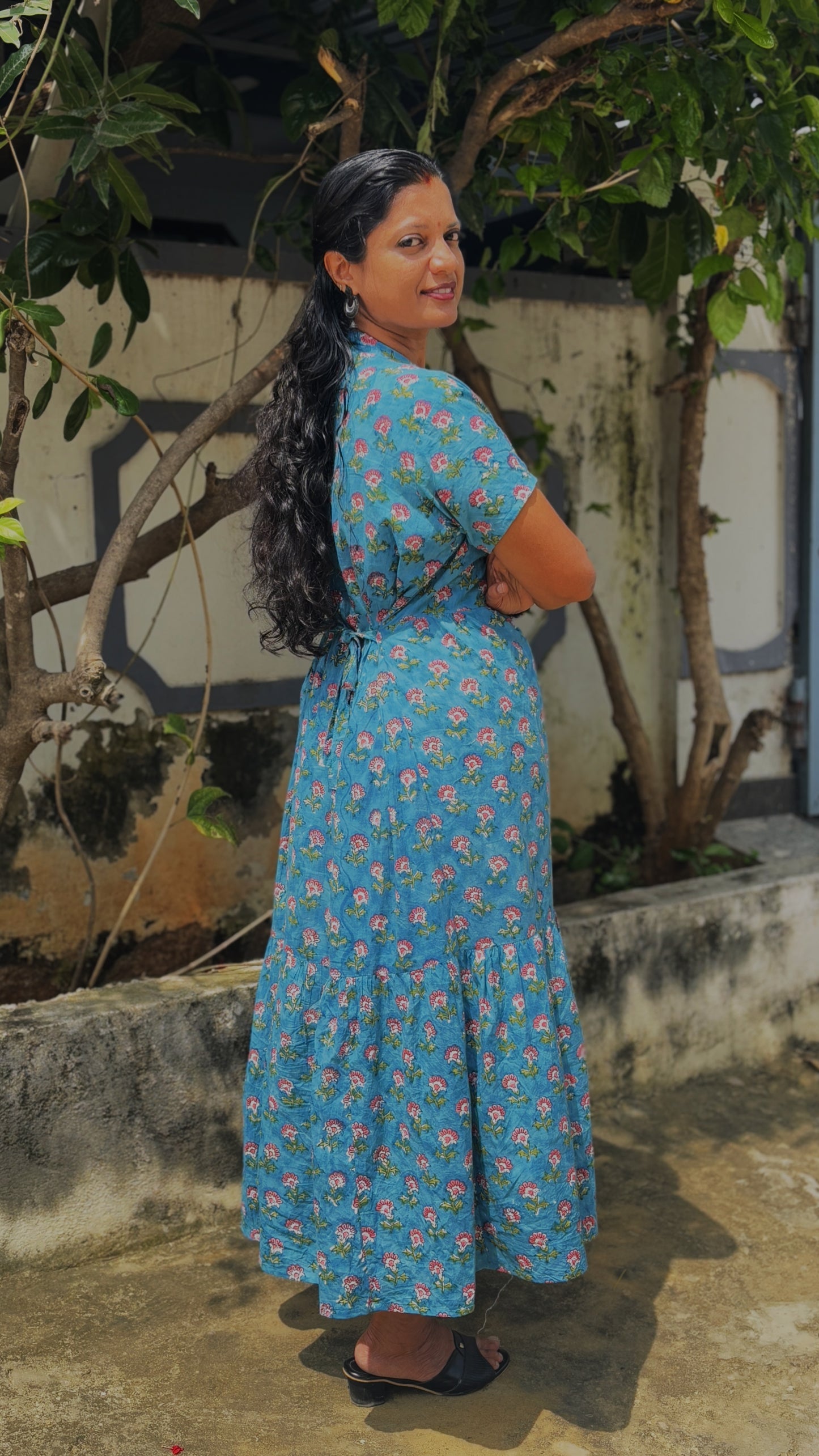 Blue Cotton Dress with Pink Block Print