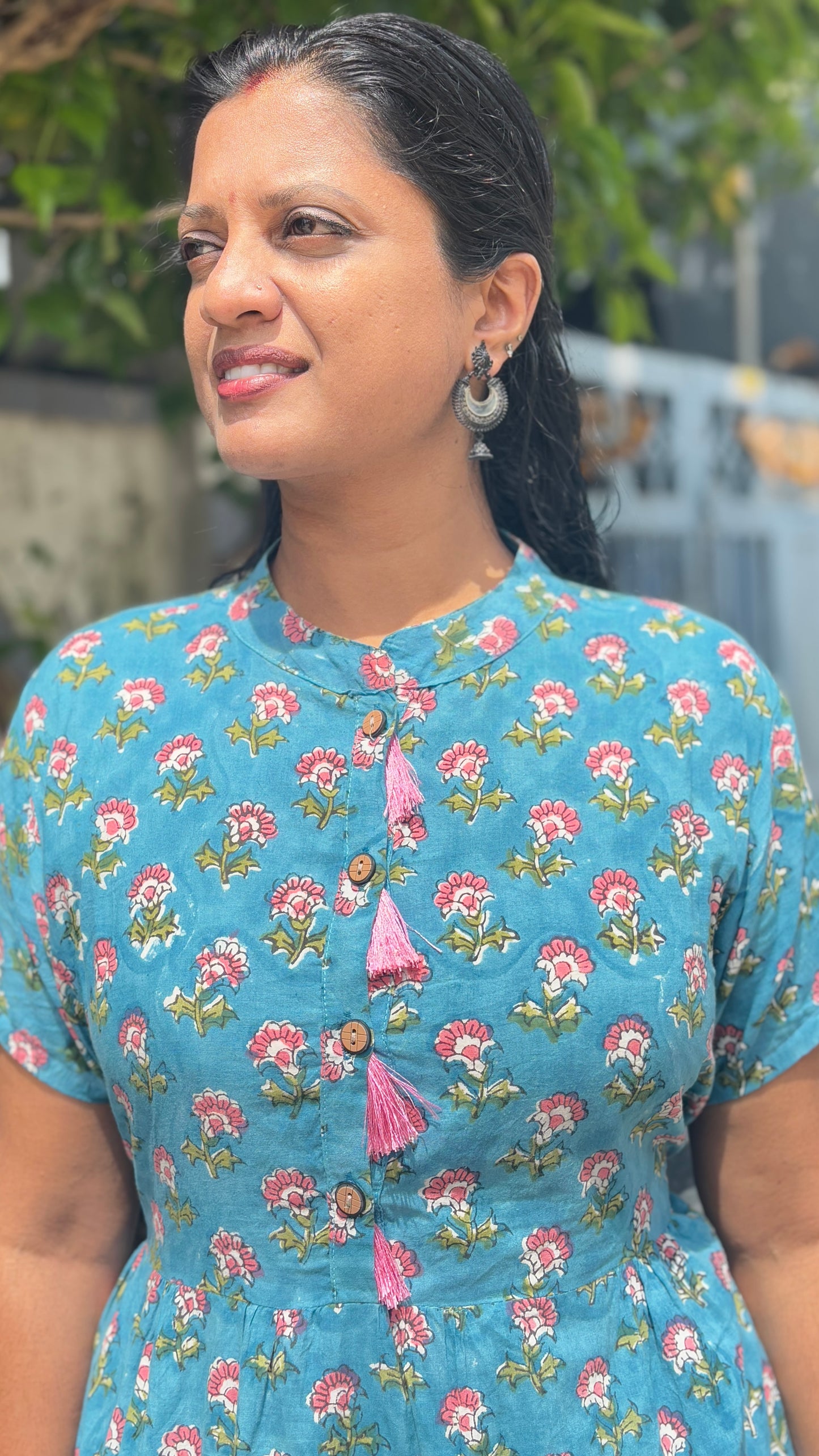 Blue Cotton Dress with Pink Block Print