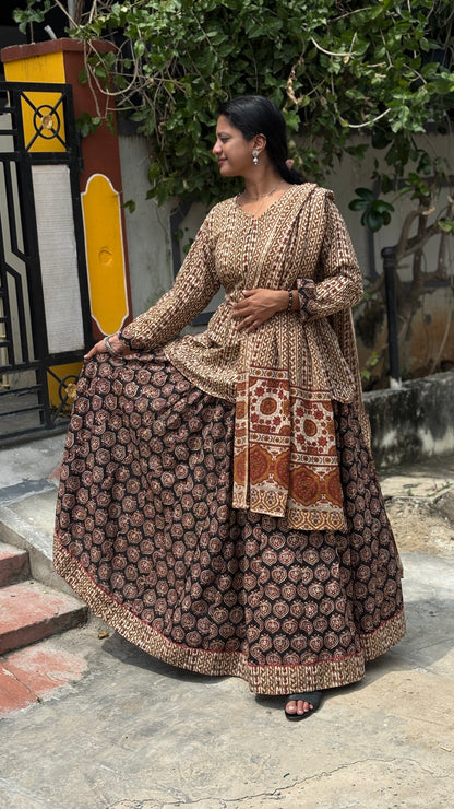 Rust Brown and Maroon Hand Block Printed Cotton Lehenga Set