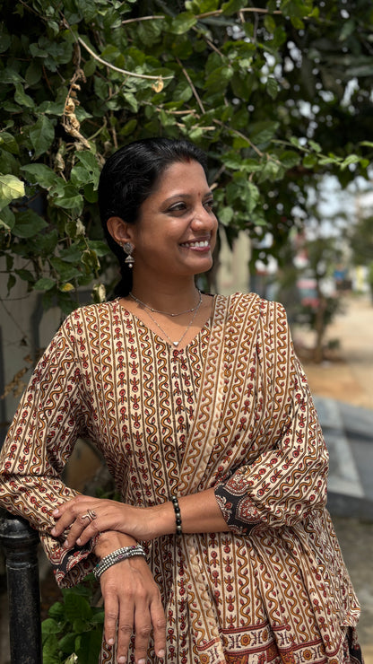 Rust Brown and Maroon Hand Block Printed Cotton Lehenga Set