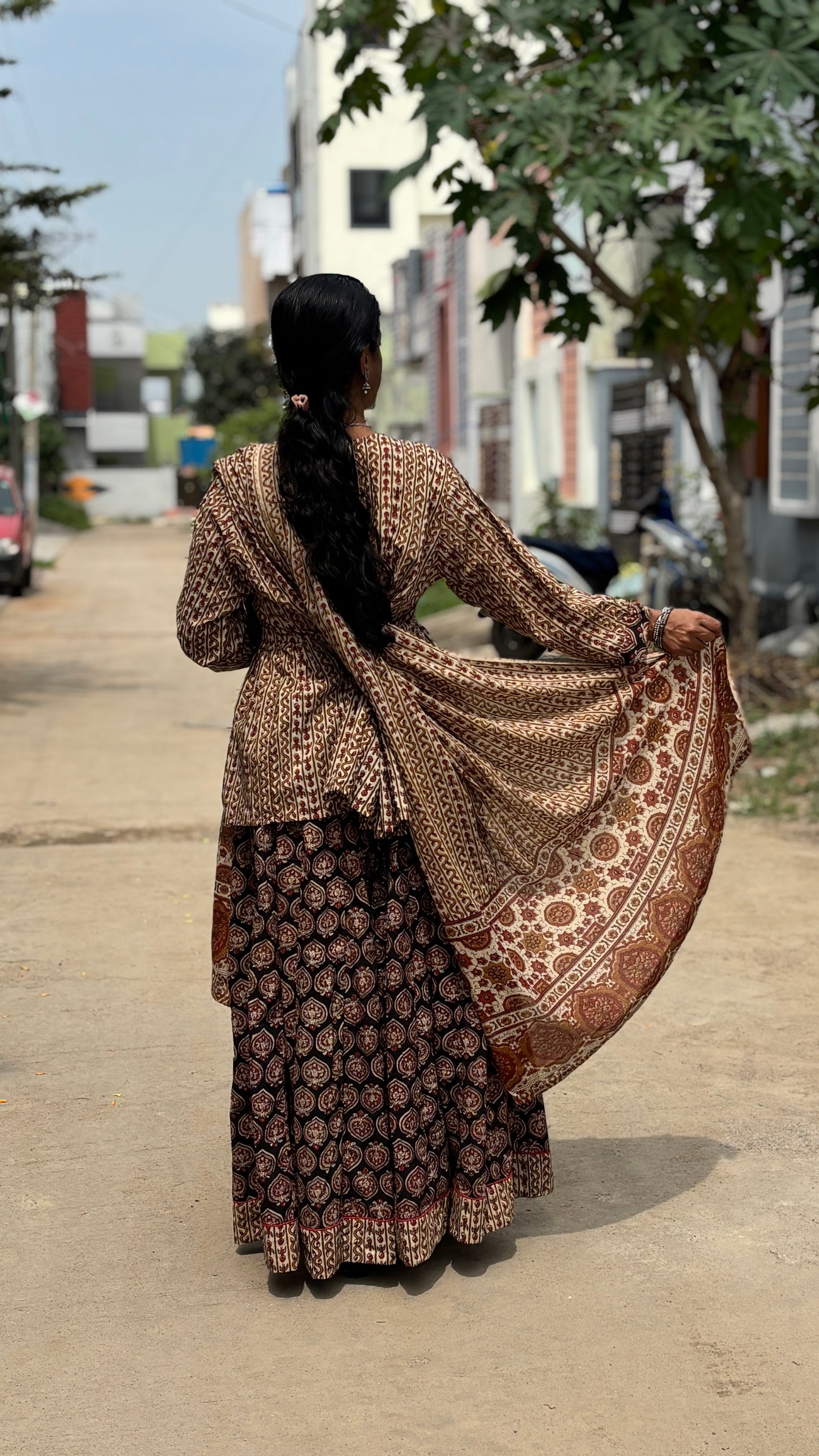 Rust Brown and Maroon Hand Block Printed Cotton Lehenga Set