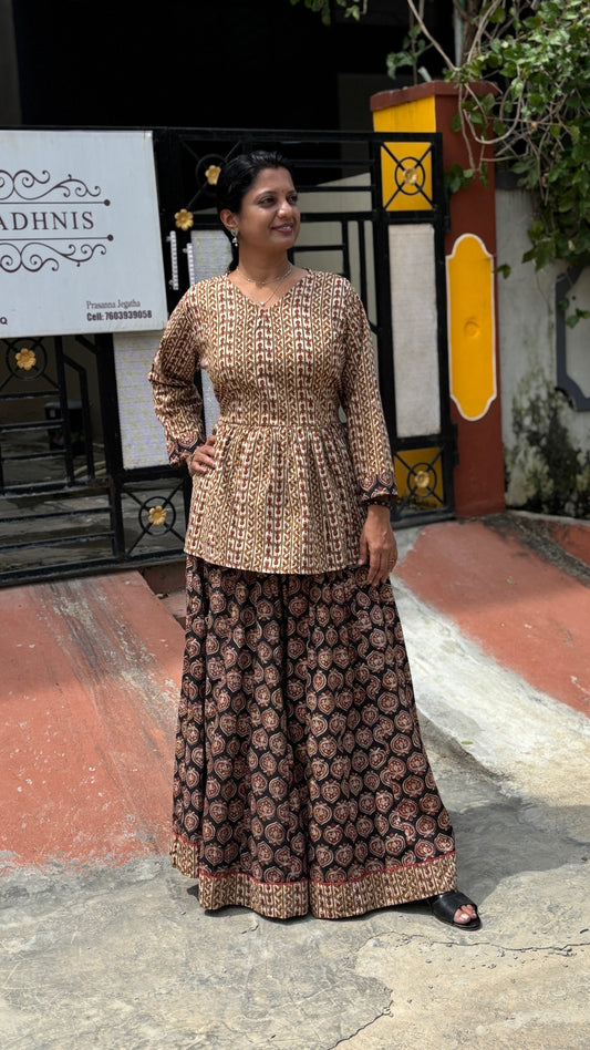 Rust Brown and Maroon Hand Block Printed Cotton Lehenga Set