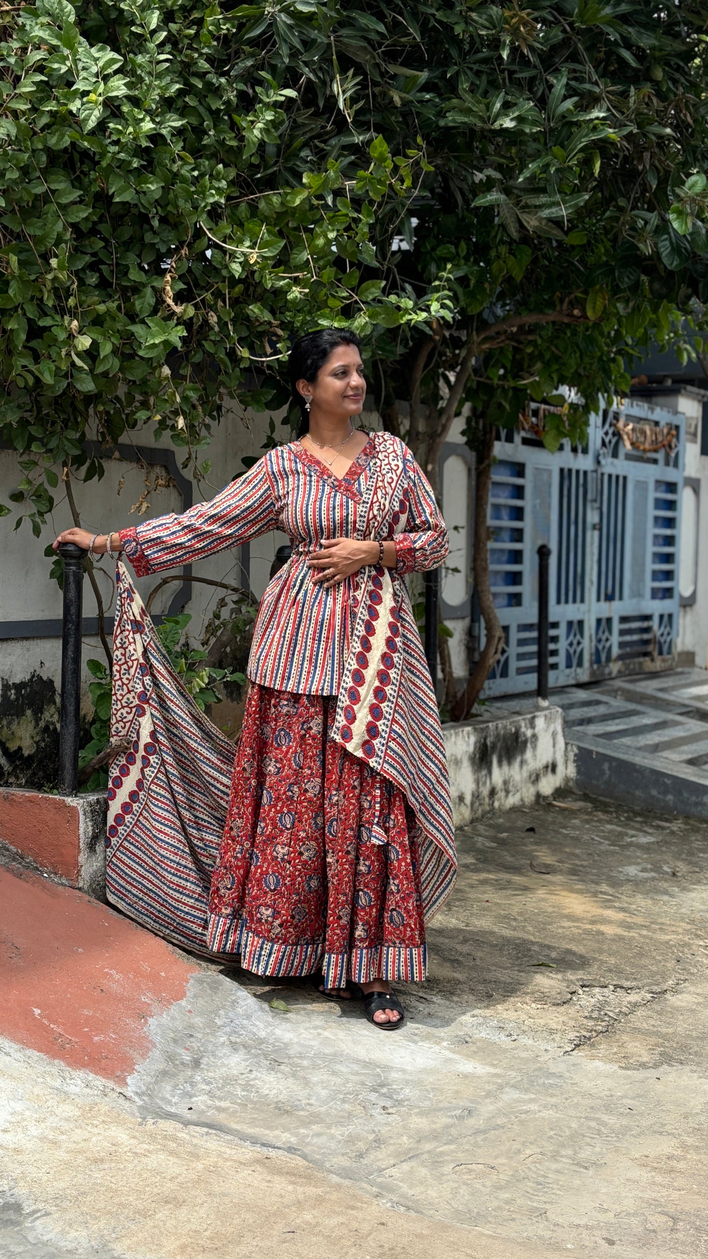 Maroon Hand-Printed Cotton Lehenga Set