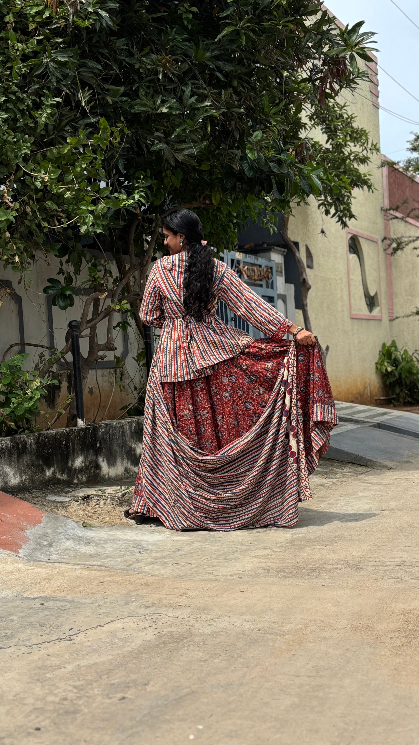 Maroon Hand-Printed Cotton Lehenga Set