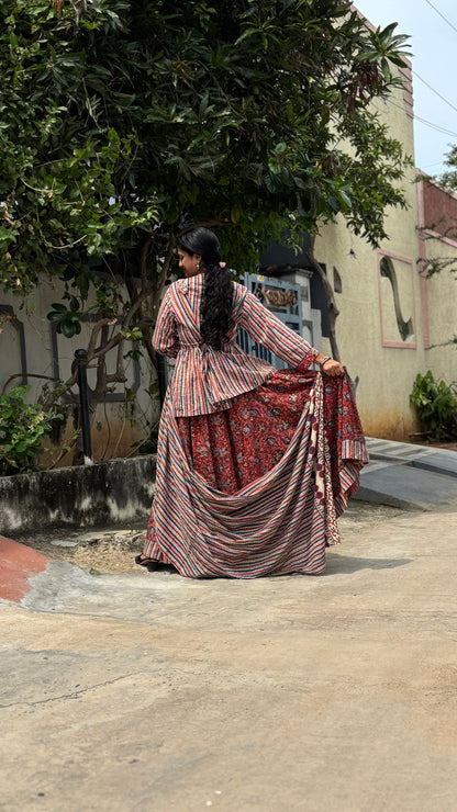Maroon Hand-Printed Cotton Lehenga Set