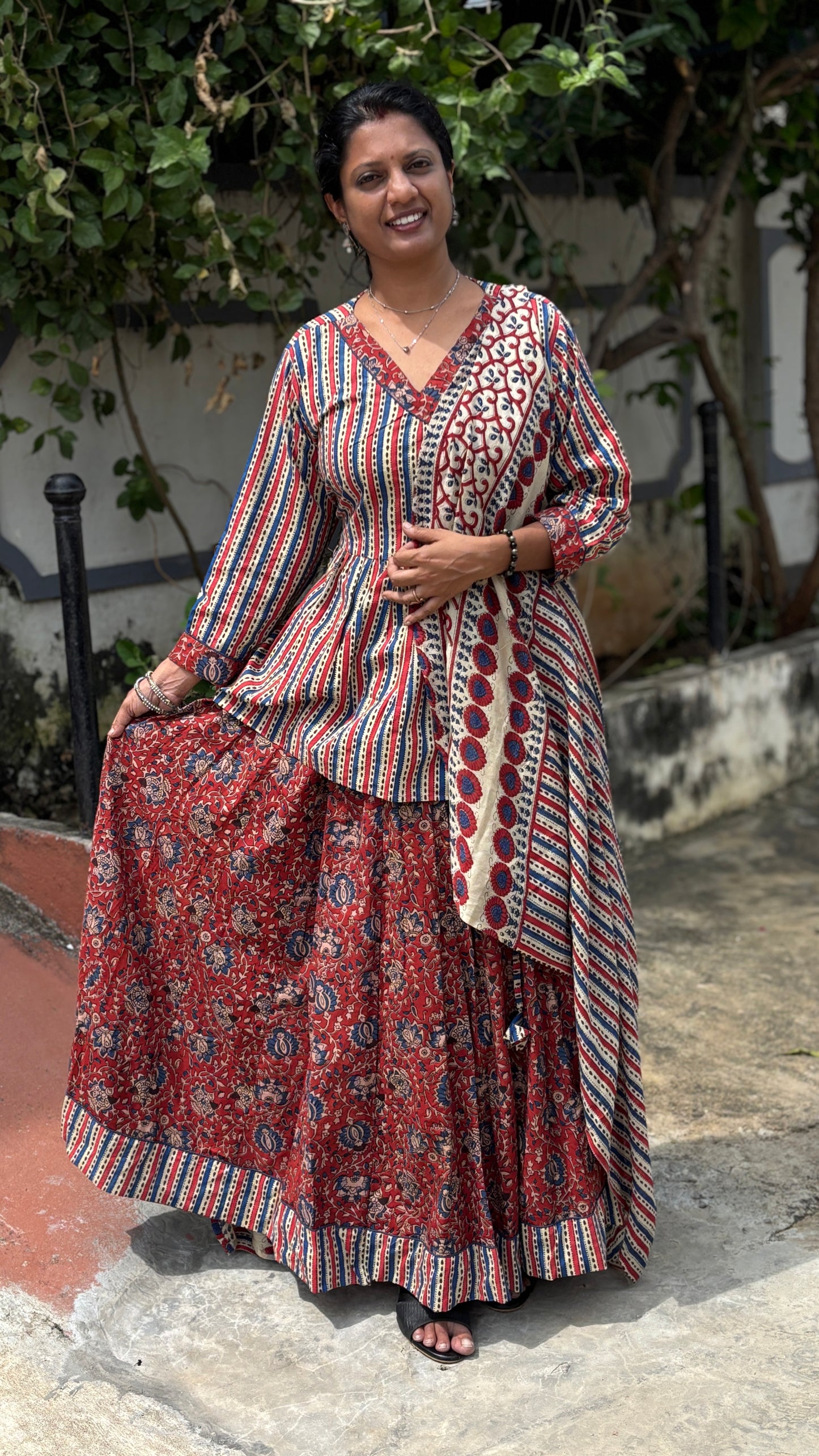 Maroon Hand-Printed Cotton Lehenga Set