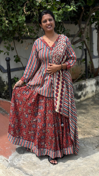 Maroon Hand-Printed Cotton Lehenga Set
