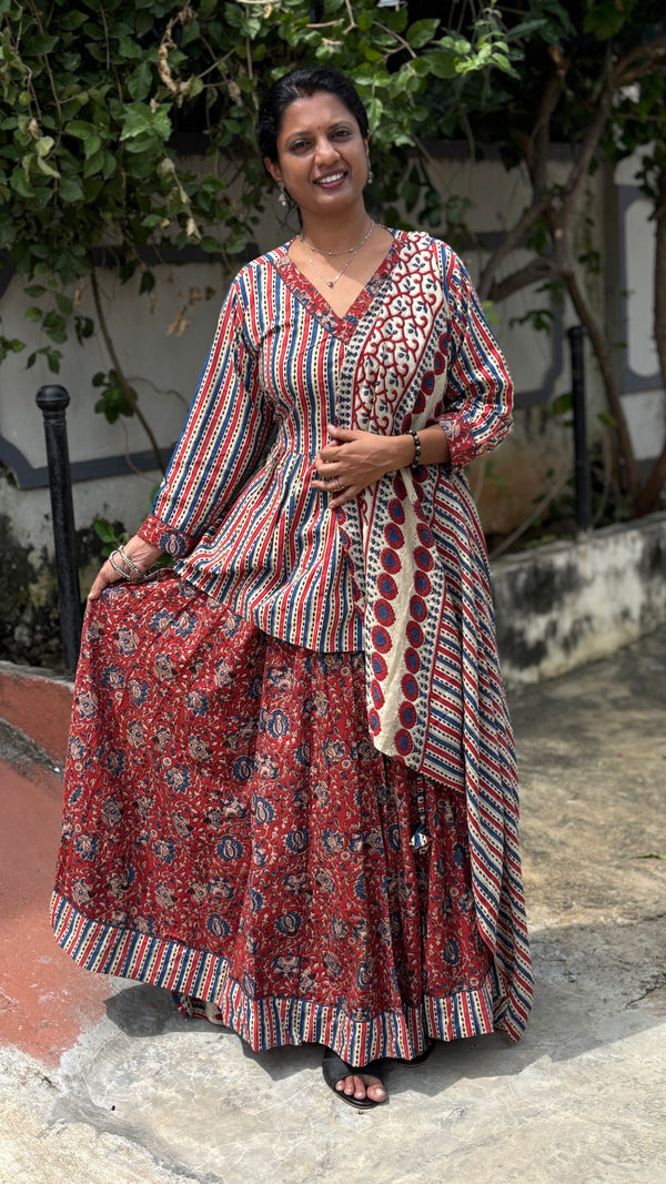 Maroon Hand-Printed Cotton Lehenga Set