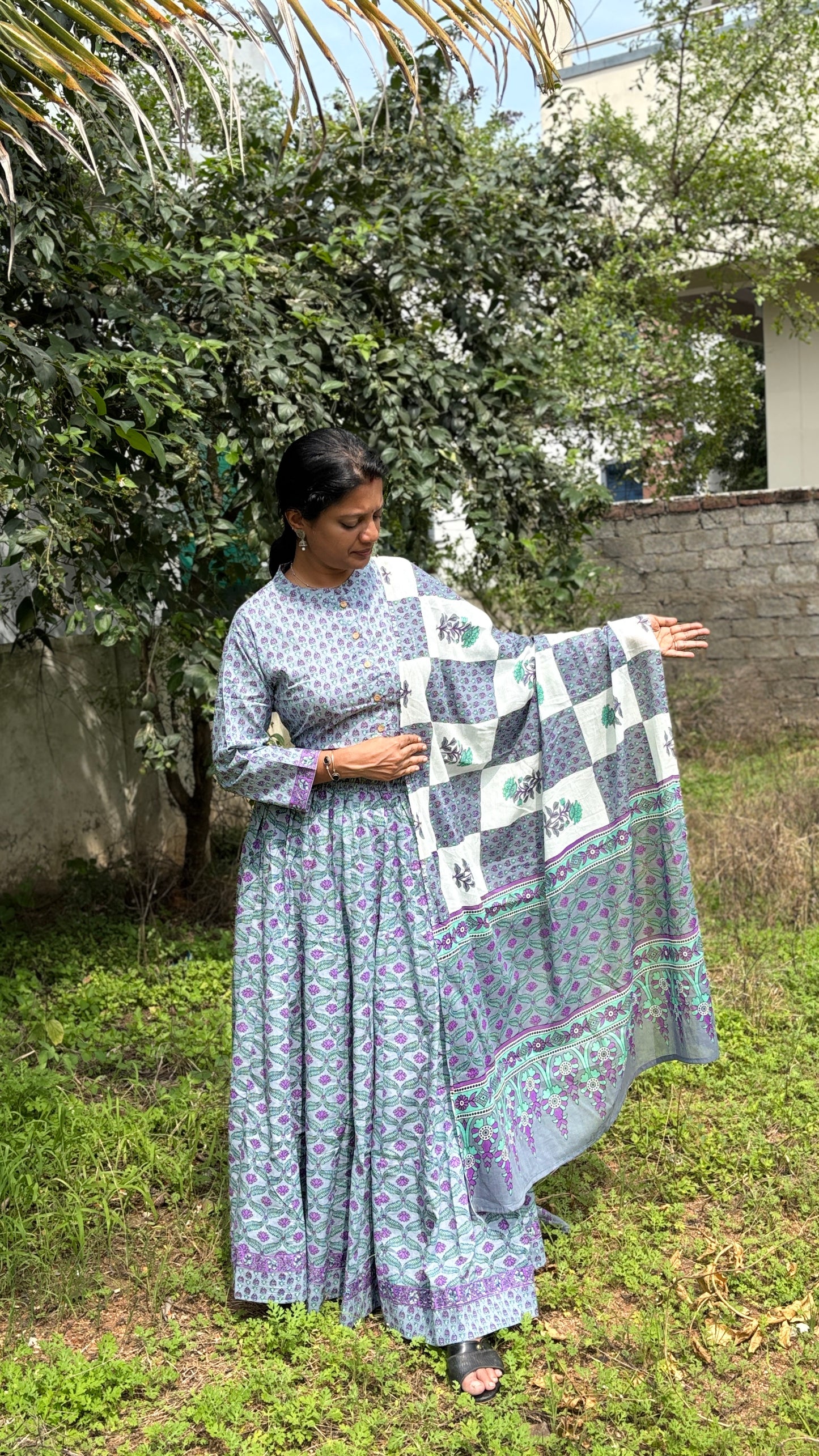 Soft Grey and Lilac Hand Block Printed Cotton Lehenga Set