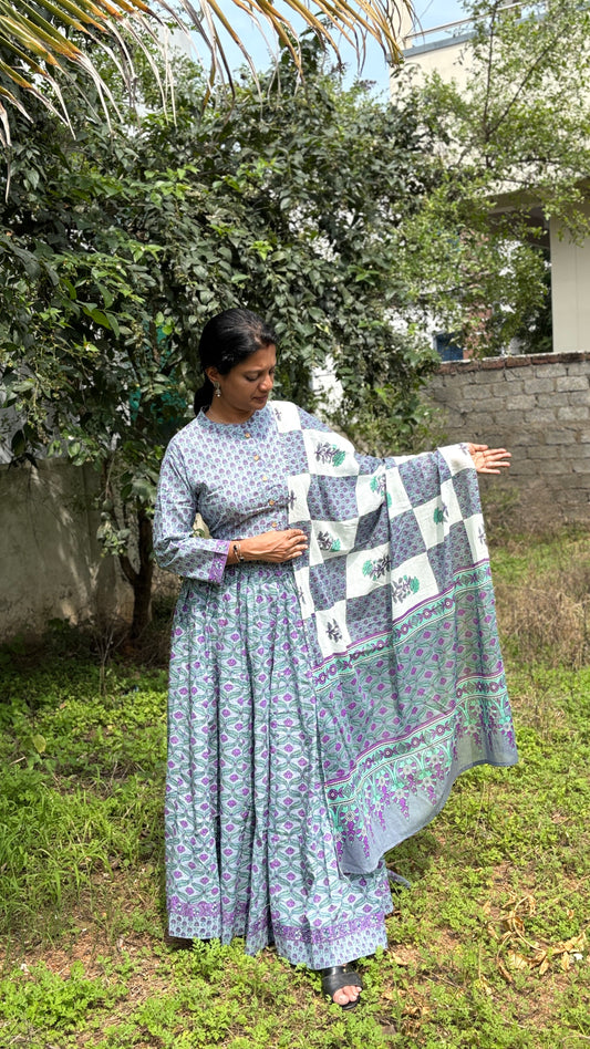 Soft Grey and Lilac Hand Block Printed Cotton Lehenga Set