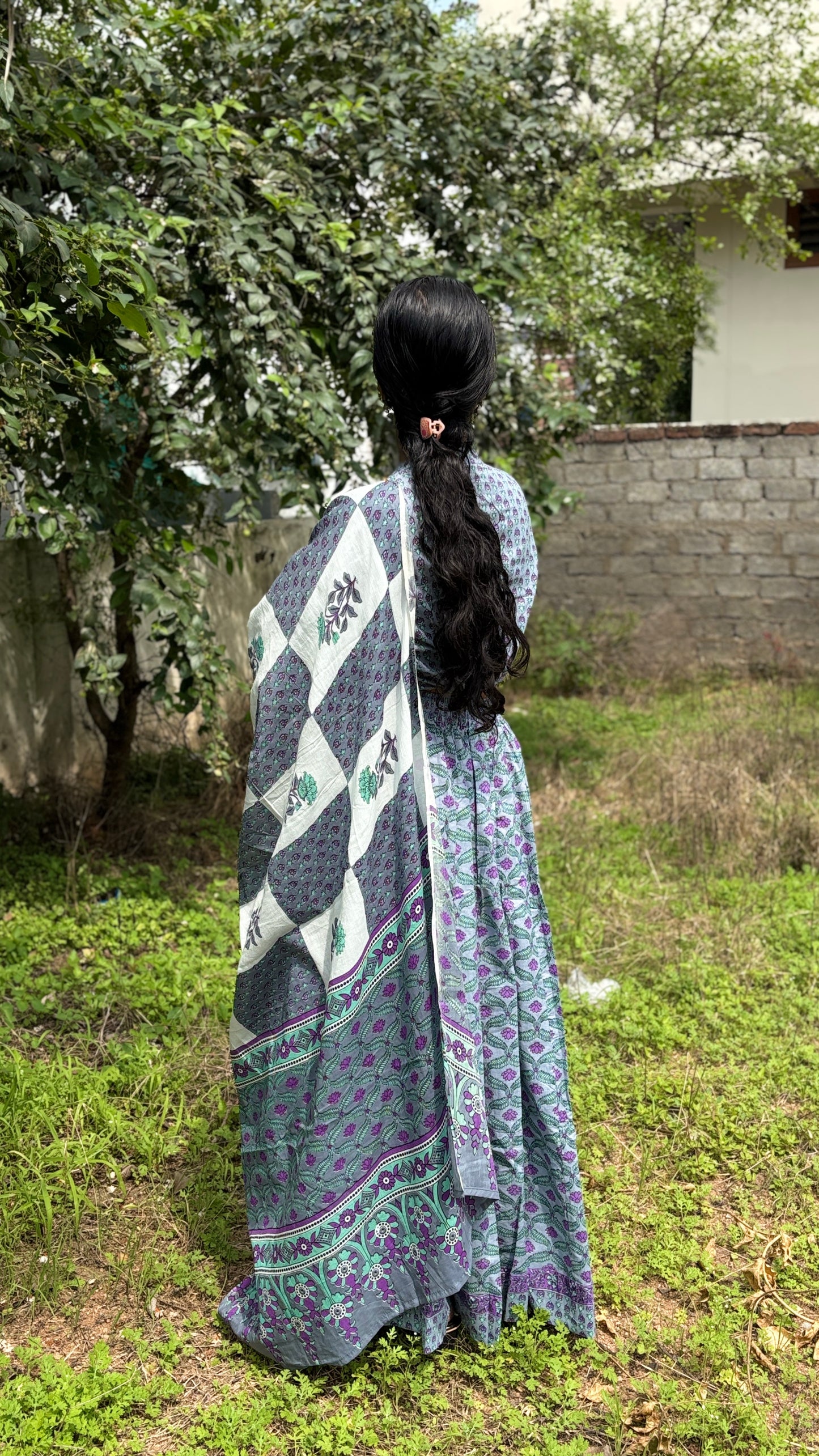 Soft Grey and Lilac Hand Block Printed Cotton Lehenga Set