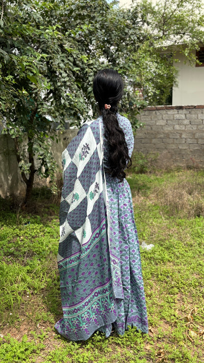 Soft Grey and Lilac Hand Block Printed Cotton Lehenga Set