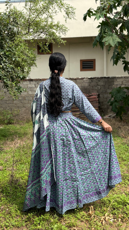 Soft Grey and Lilac Hand Block Printed Cotton Lehenga Set