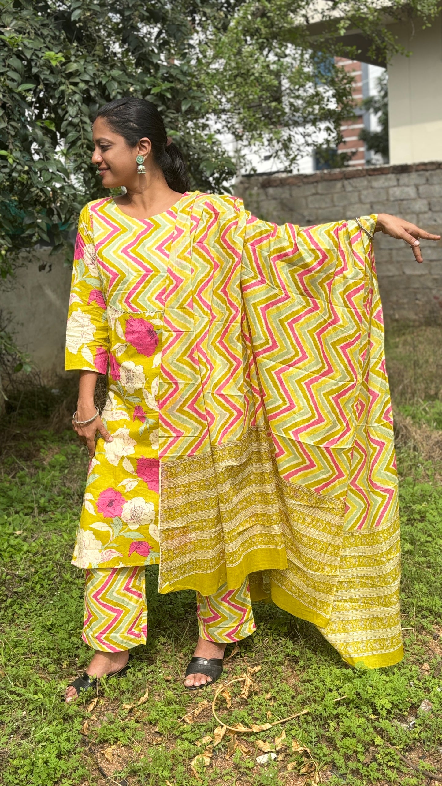 Lime Green and Pink Printed Cotton Salwar Dress