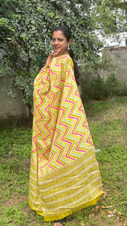 Lime Green and Pink Printed Cotton Salwar Dress