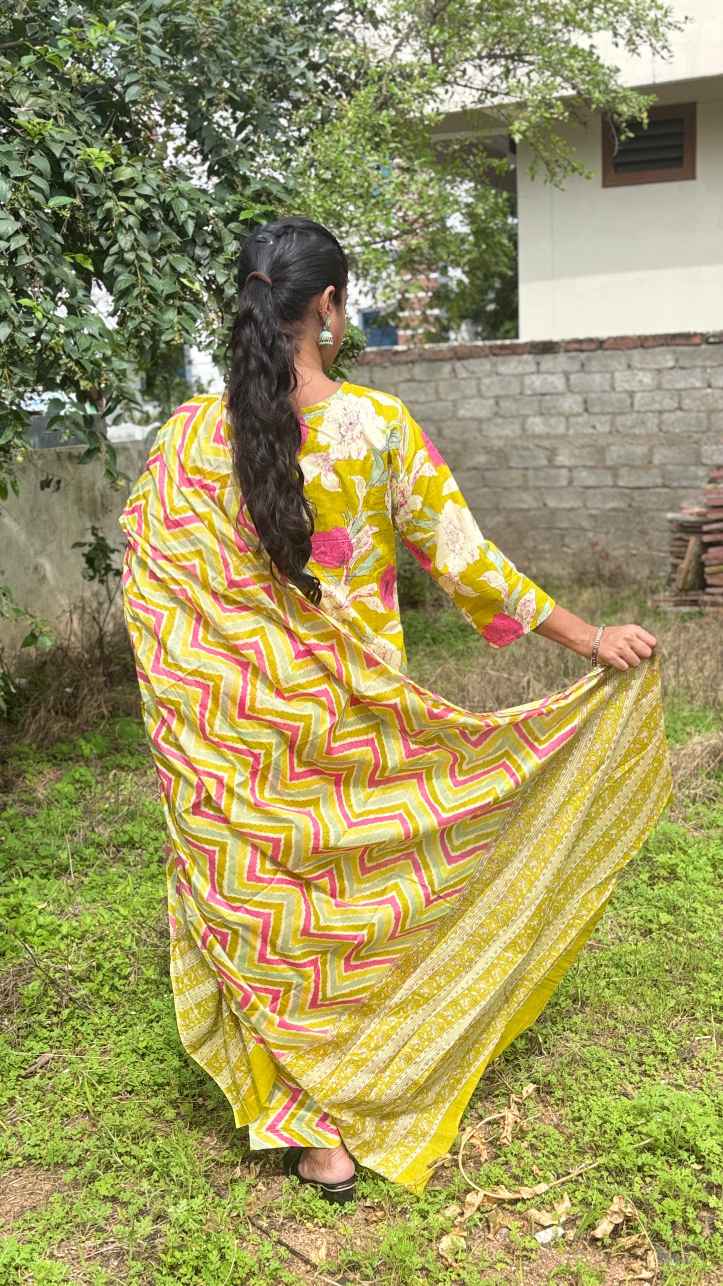 Lime Green and Pink Printed Cotton Salwar Dress