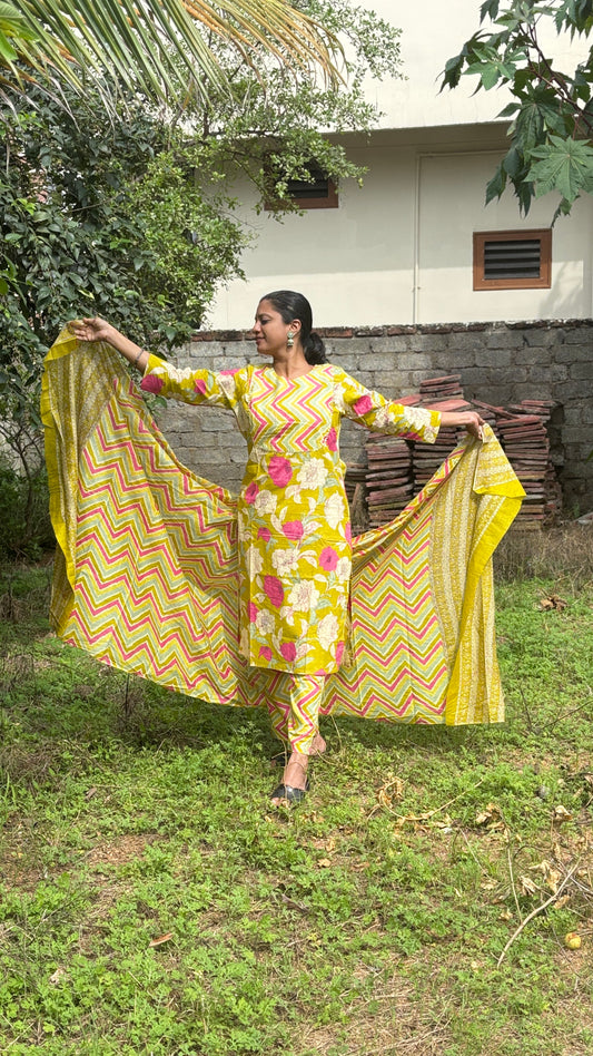 Lime Green and Pink Printed Cotton Salwar Dress