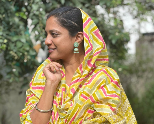 Lime Green and Pink Printed Cotton Salwar Dress