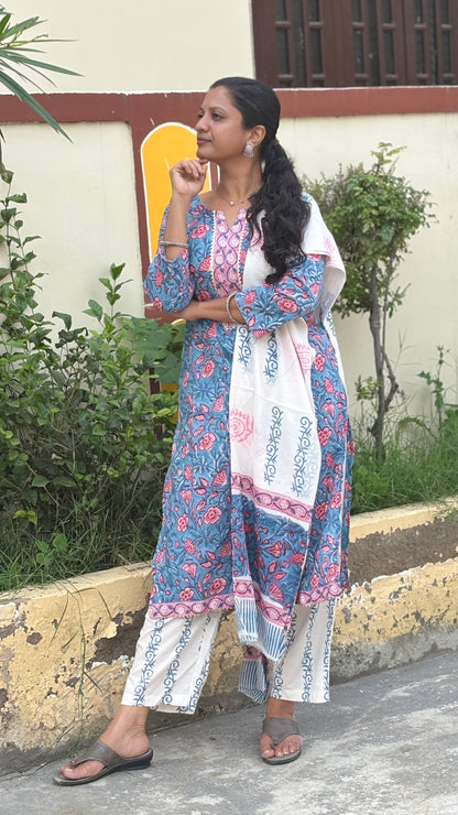 Cool Grey and Peach Printed Cotton Dress