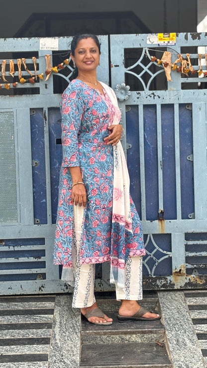 Cool Grey and Peach Printed Cotton Dress