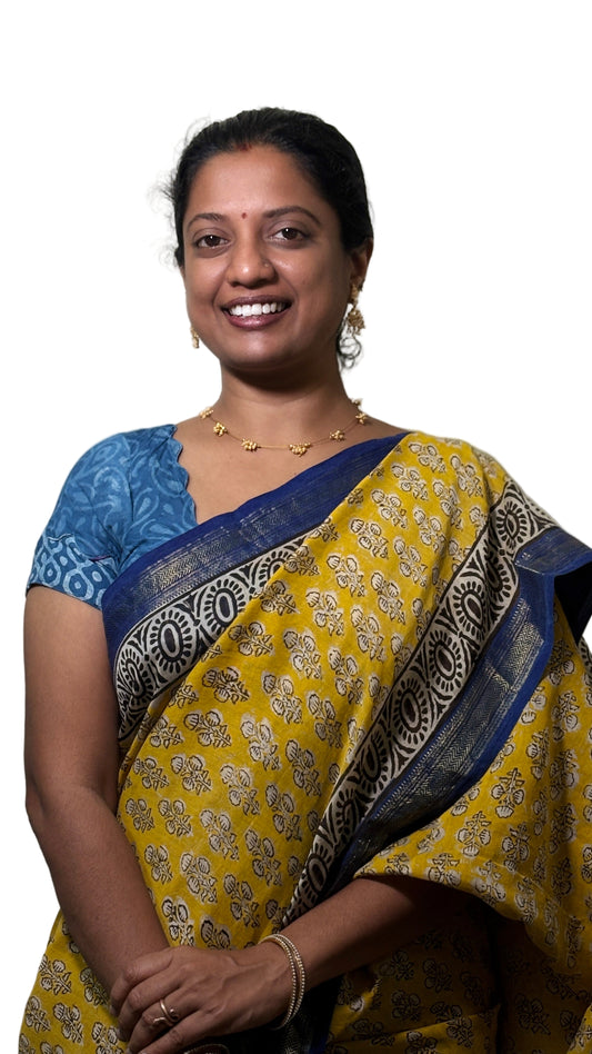 Yellow Block Print Silk Cotton Saree with Navy Border