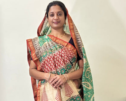 Red and Green Printed Silk Cotton Saree