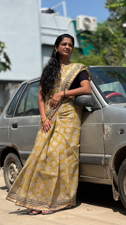 Yellow & Mauve Kota Cotton Saree