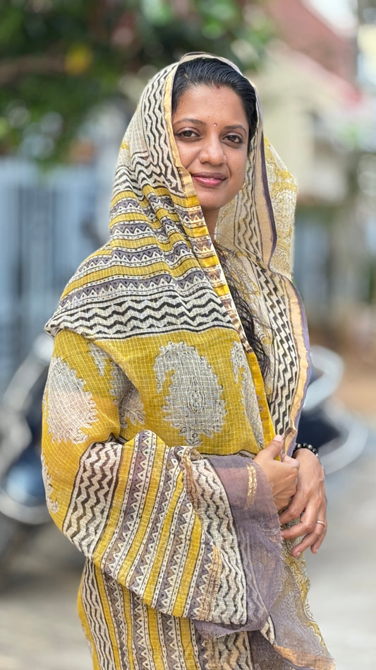 Yellow & Mauve Kota Cotton Saree