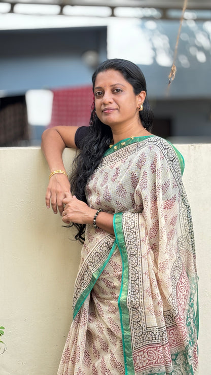 Beige & Green Zari Kota Cotton Saree