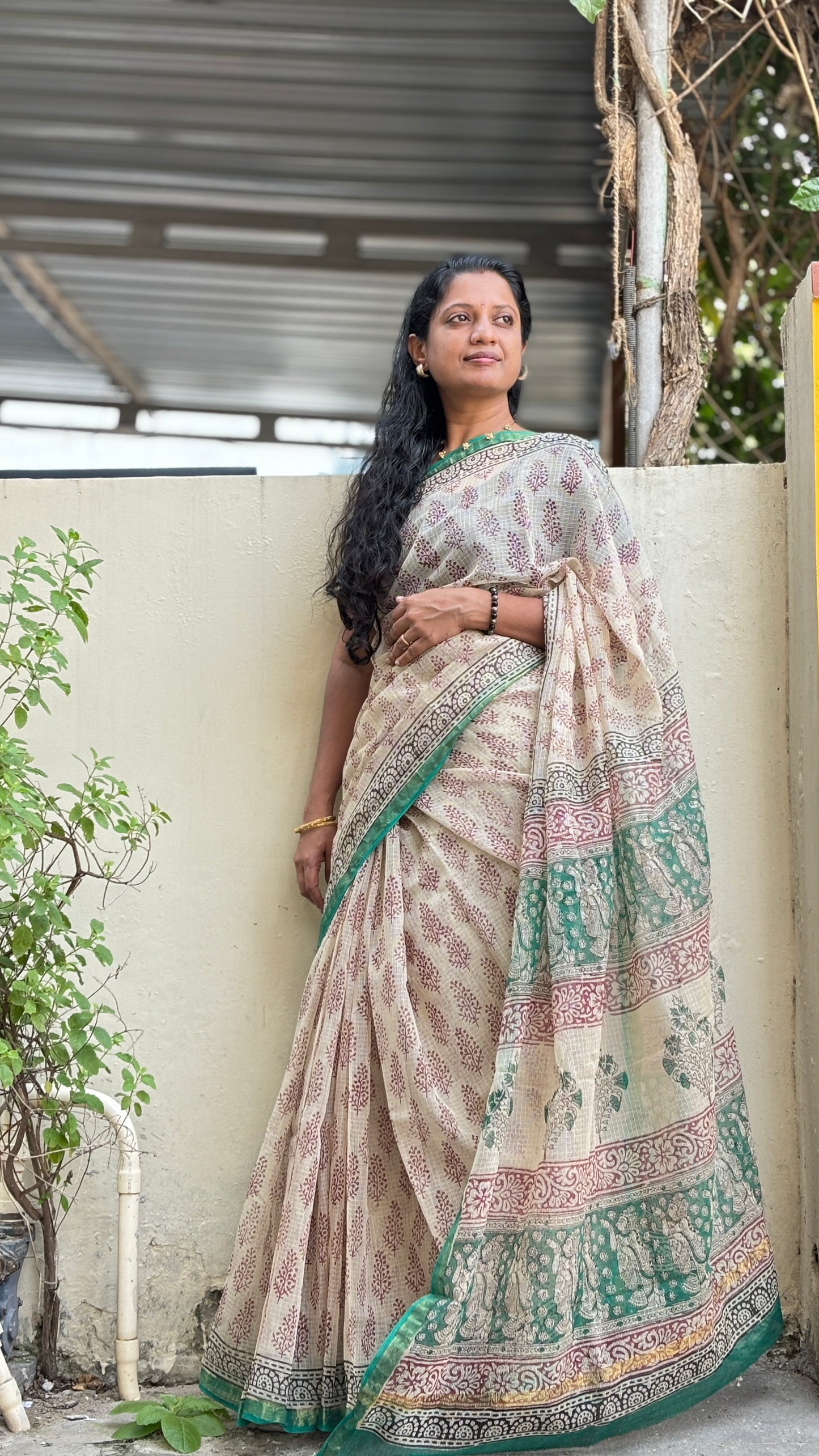 Beige & Green Zari Kota Cotton Saree