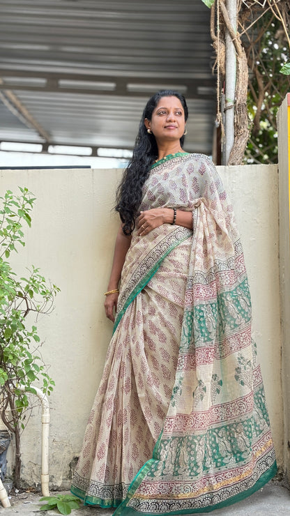 Beige & Green Zari Kota Cotton Saree