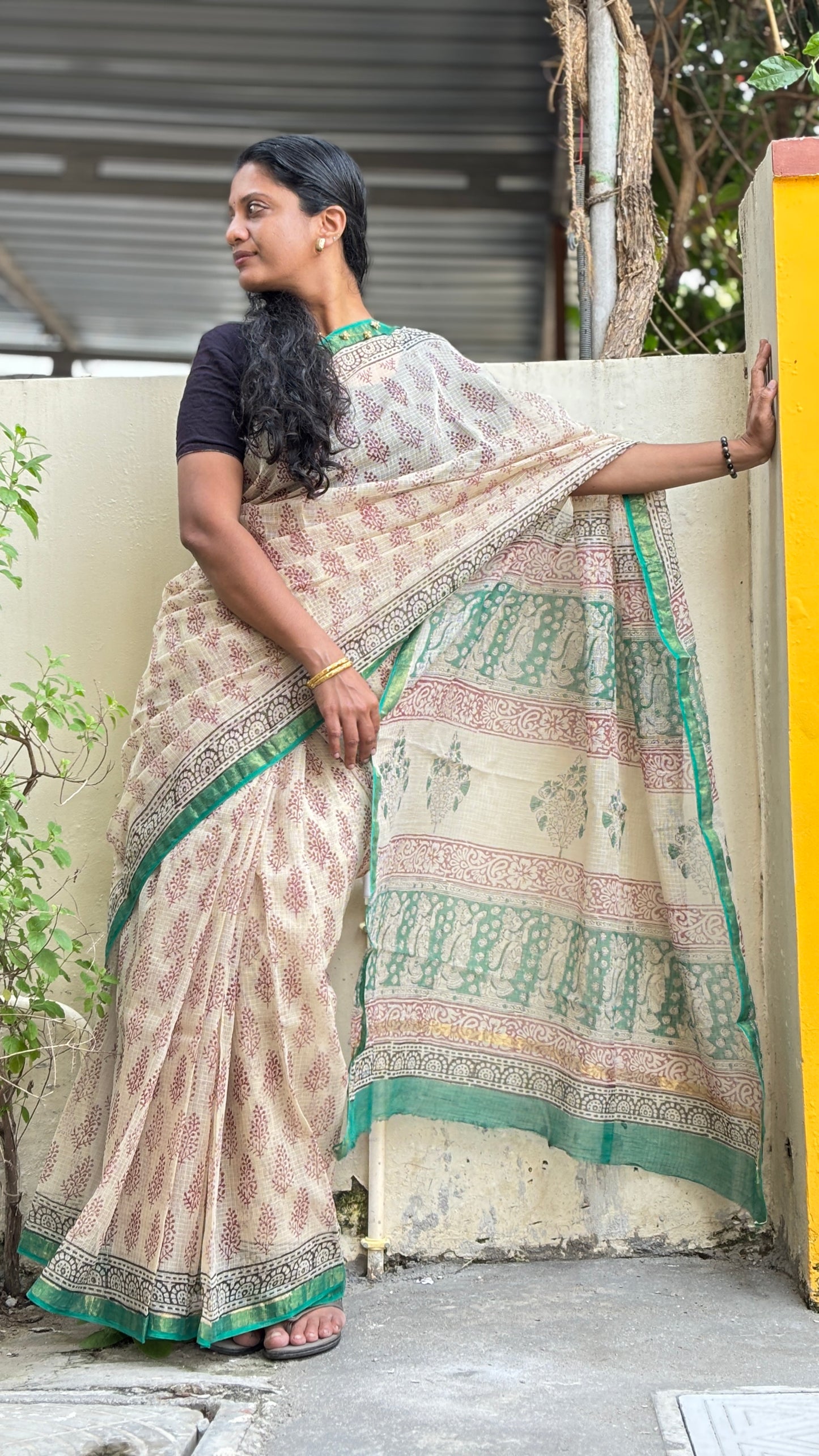Beige & Green Zari Kota Cotton Saree