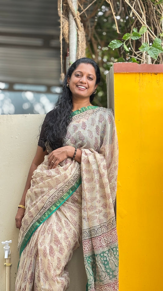 Beige & Green Zari Kota Cotton Saree