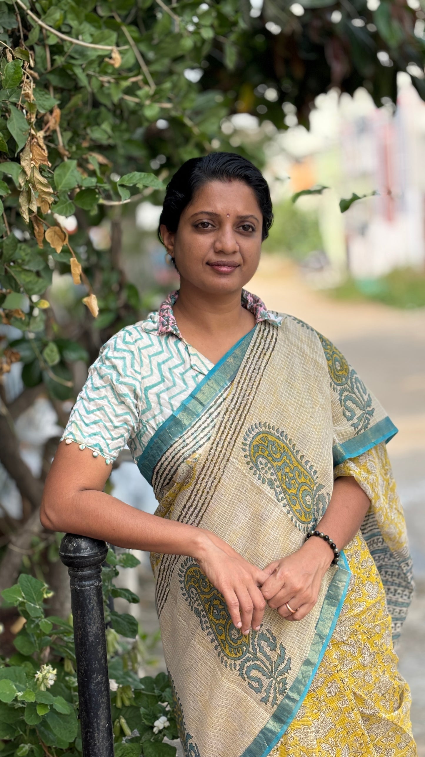 Yellow & Cyan Block Print Kota Cotton Saree