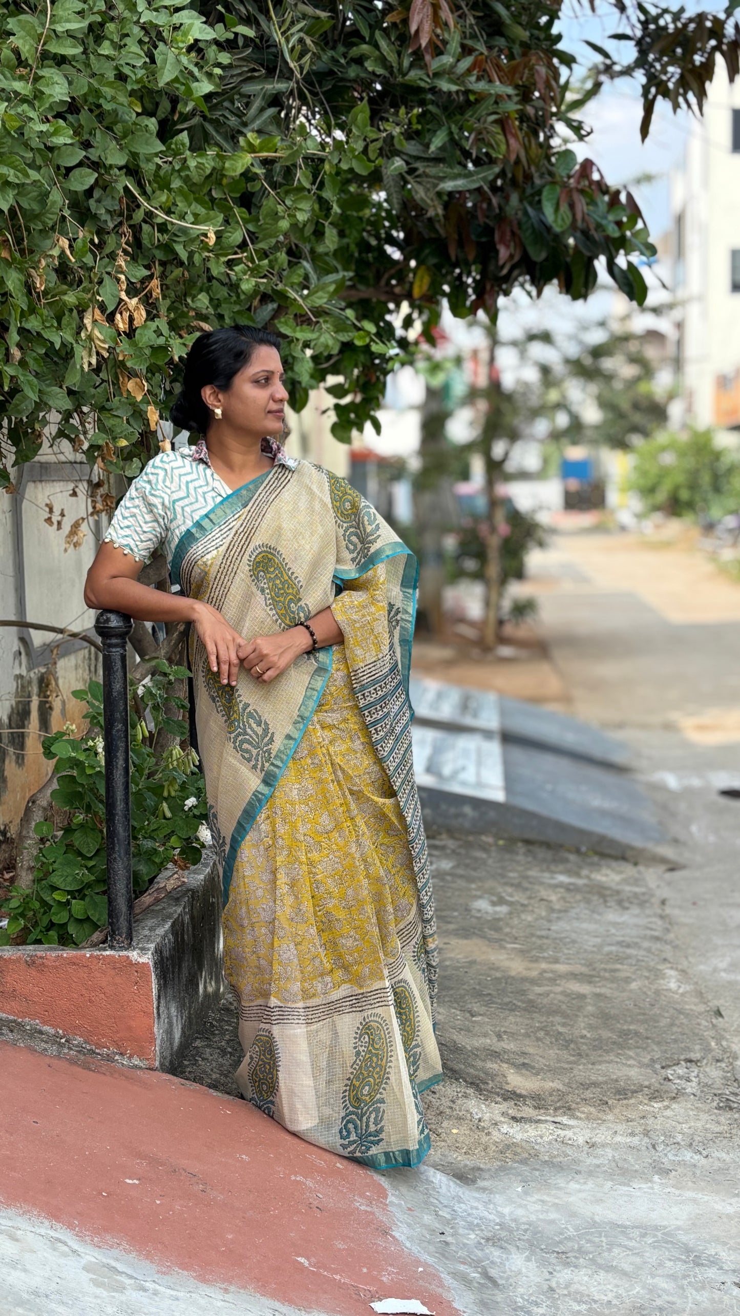 Yellow & Cyan Block Print Kota Cotton Saree