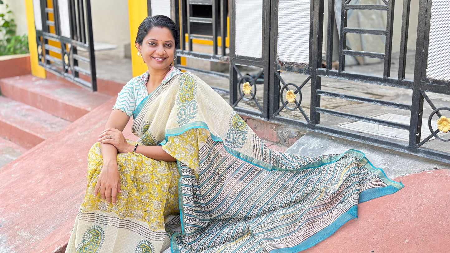 Yellow & Cyan Block Print Kota Cotton Saree